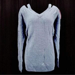 NWT Metallic Silver Distressed Holy Sweater Cutout Cold Shoulder Sz S